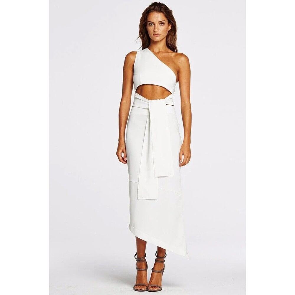Maurie & Eve Womens After Midnight White One Shoulder Tie Front Dress Size 8